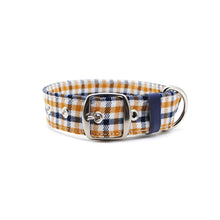 Cargar imagen en el visor de la galería, Collar + Arnés + Correa cuadrillé azul &amp; mostaza - Perros Unidos