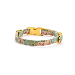 Collar broche dorado gato flores celeste - Perros Unidos