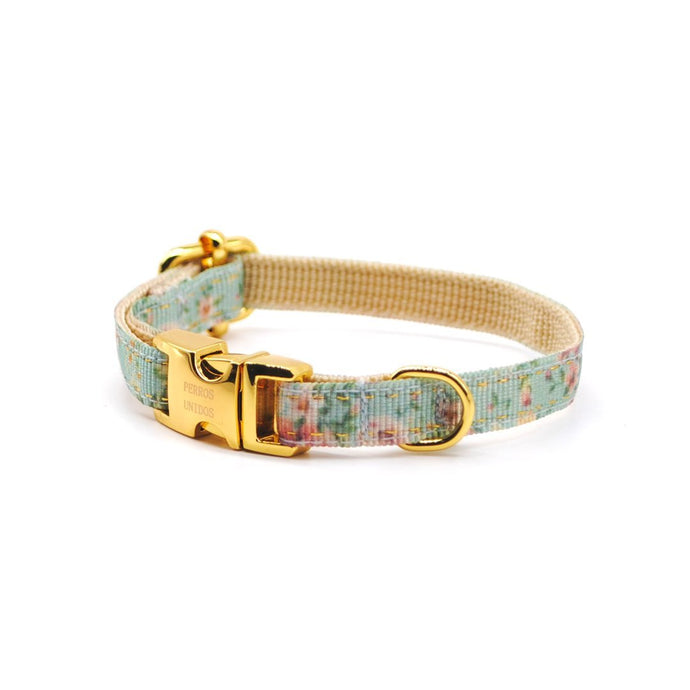 Collar broche dorado gato flores celeste - Perros Unidos