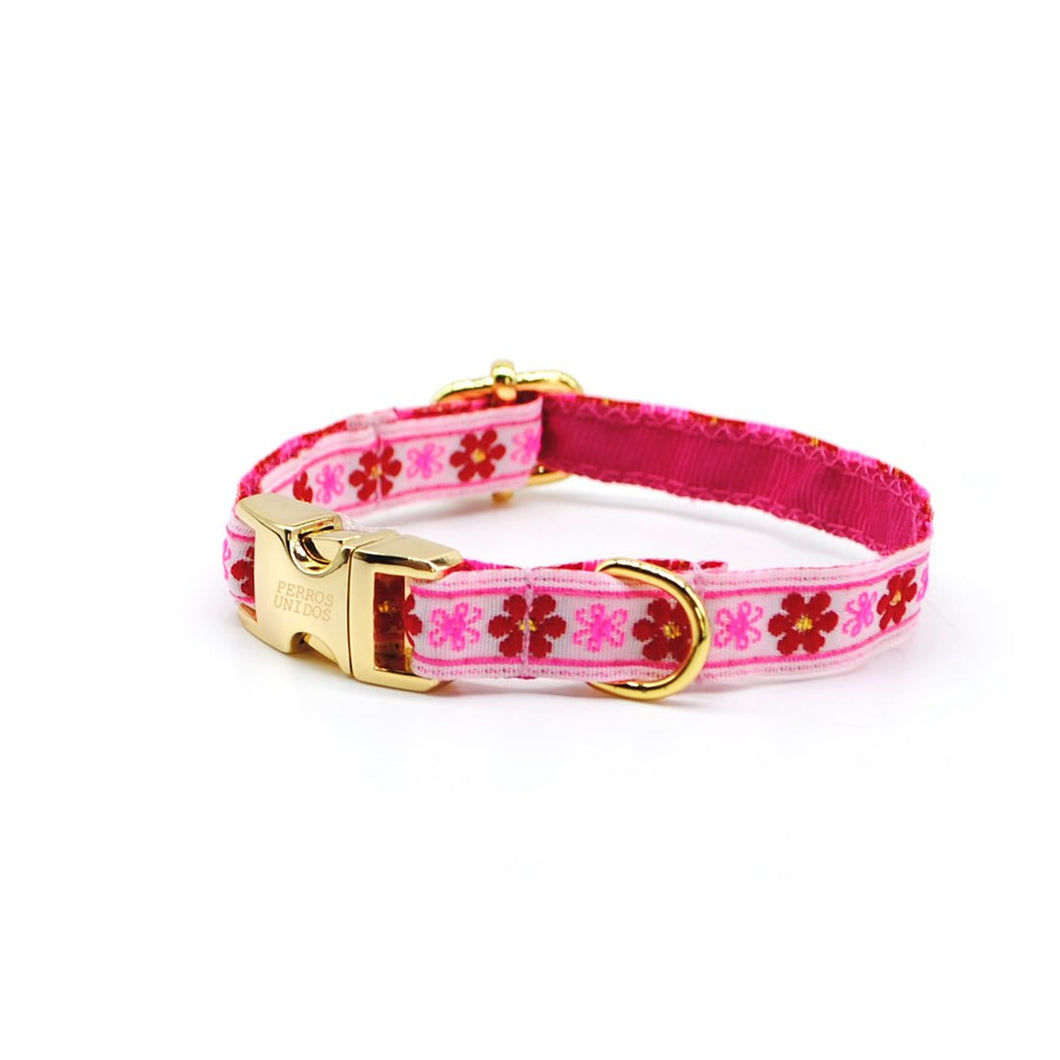 Collar broche dorado gato flores fucsia & rojo - Perros Unidos