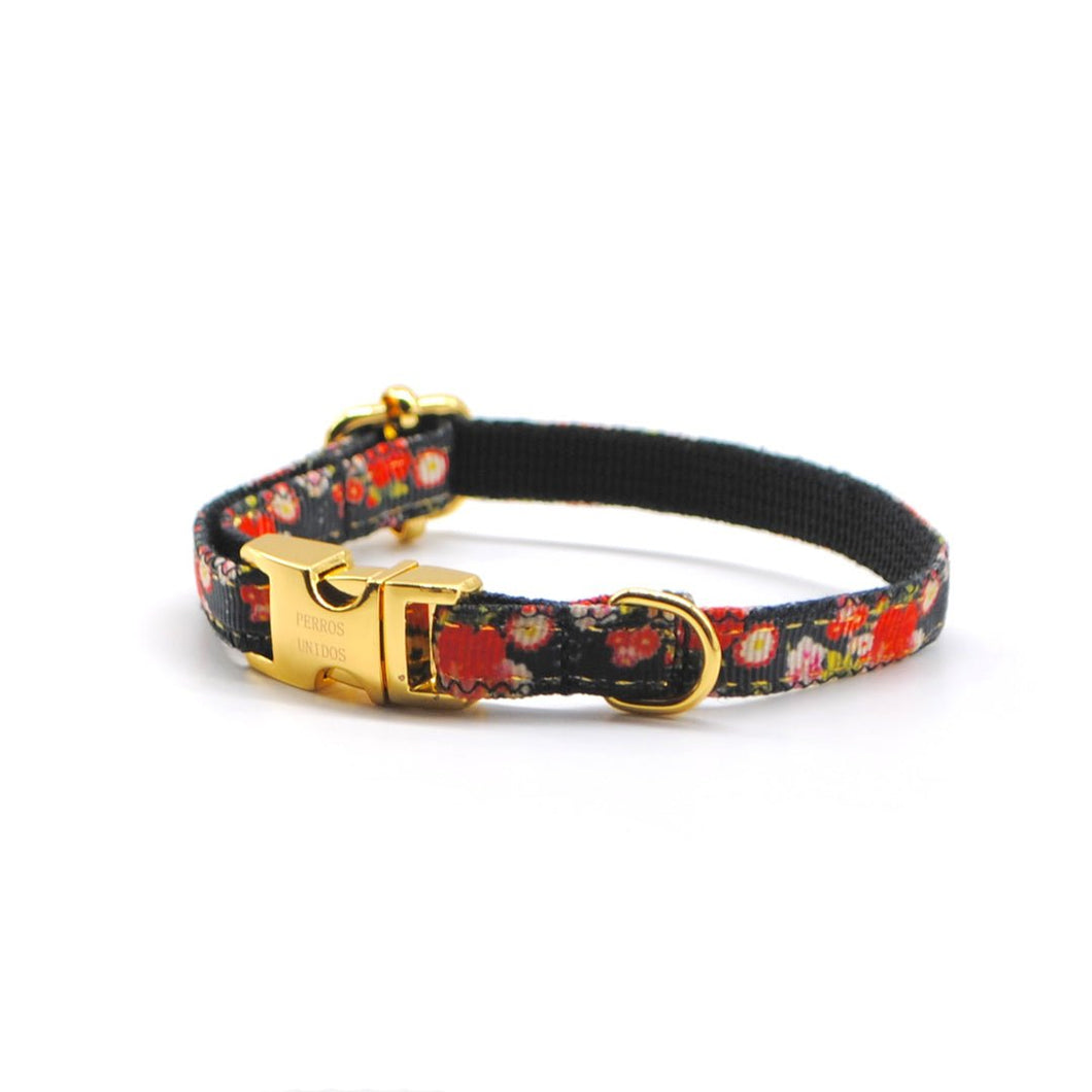 Collar broche dorado gato flores negro - Perros Unidos