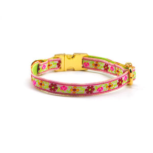 Collar broche dorado gato flores verde & fucsia - Perros Unidos