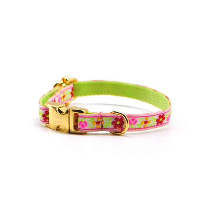 Collar broche dorado gato flores verde & fucsia - Perros Unidos