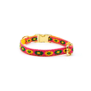 Collar broche dorado gato fucsia flores amarillas - Perros Unidos