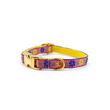 Cargar imagen en el visor de la galería, Collar broche dorado gato rosa flor azul - Perros Unidos