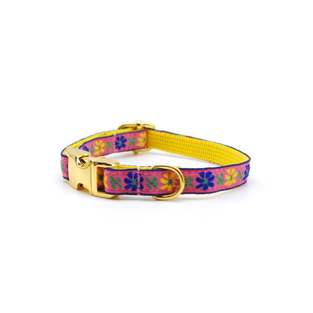 Collar broche dorado gato rosa flor azul - Perros Unidos