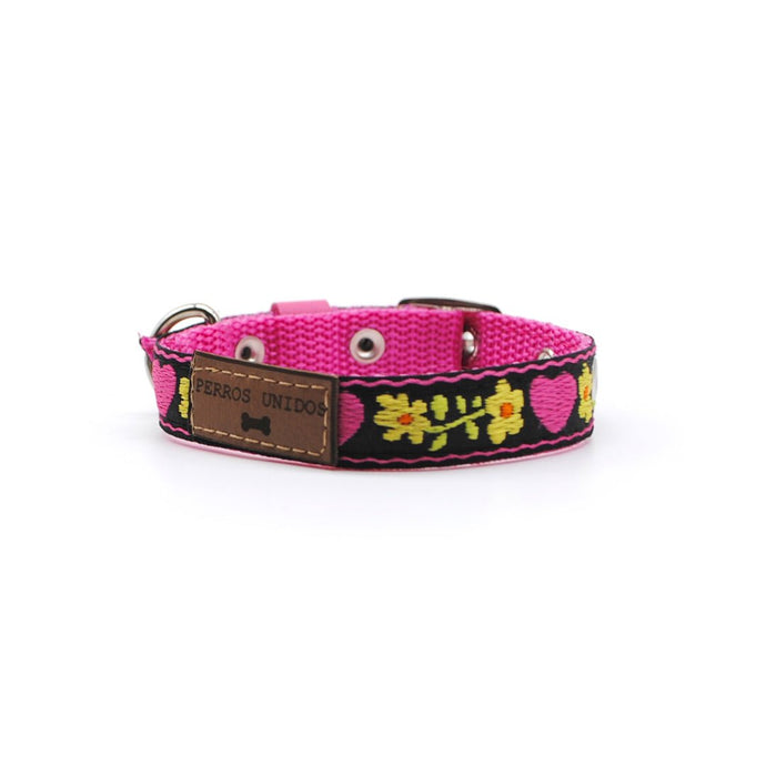 Collar gato negro flores fucsia - Perros Unidos