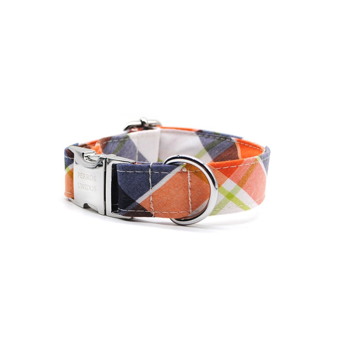 Collar perro broche cuadrillé naranjo & azul marino - Perros Unidos