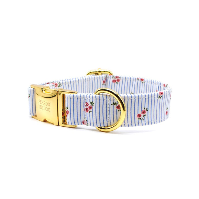 Collar perro broche rayas celeste flores - Perros Unidos