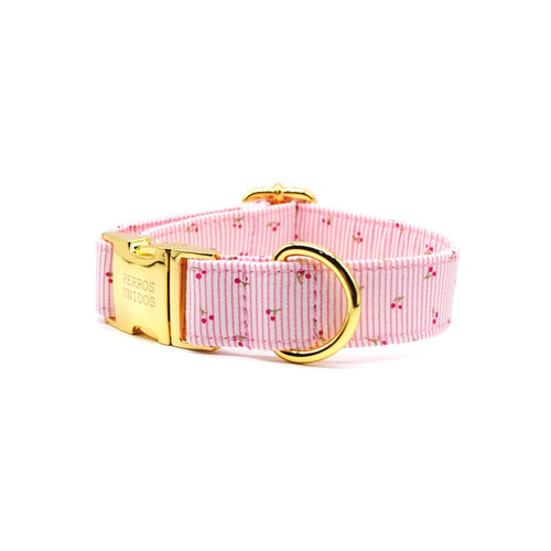Collar perro broche rayas rosadas cerezas - Perros Unidos